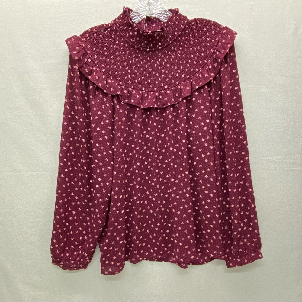 LOFT Burgundy Floral Ruffle Smocked Blouse Long Sleeve Medium CottagePrairie Top